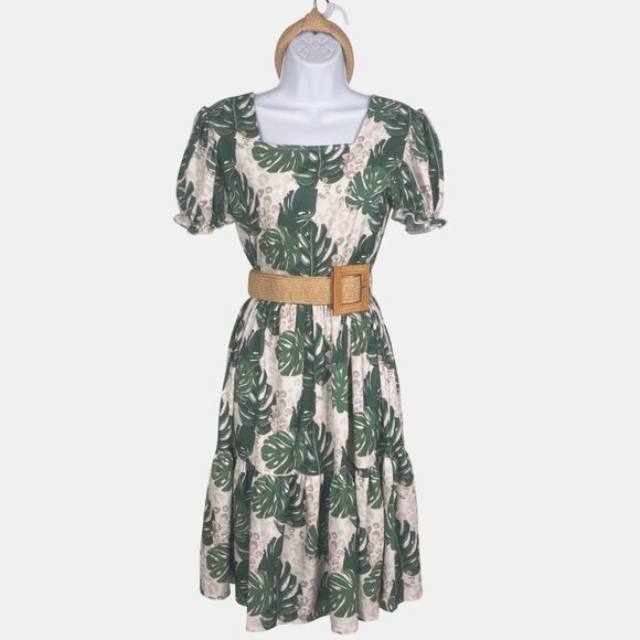 Boutique Brand Dresses & Skirts - Boutique Tropical Leaf & Leopard Print Dress W Belt Puff Sleeves & Headband